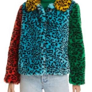Alice + Olivia Jerri Color-Blocked Leopard Print Faux Fur Coat NWT